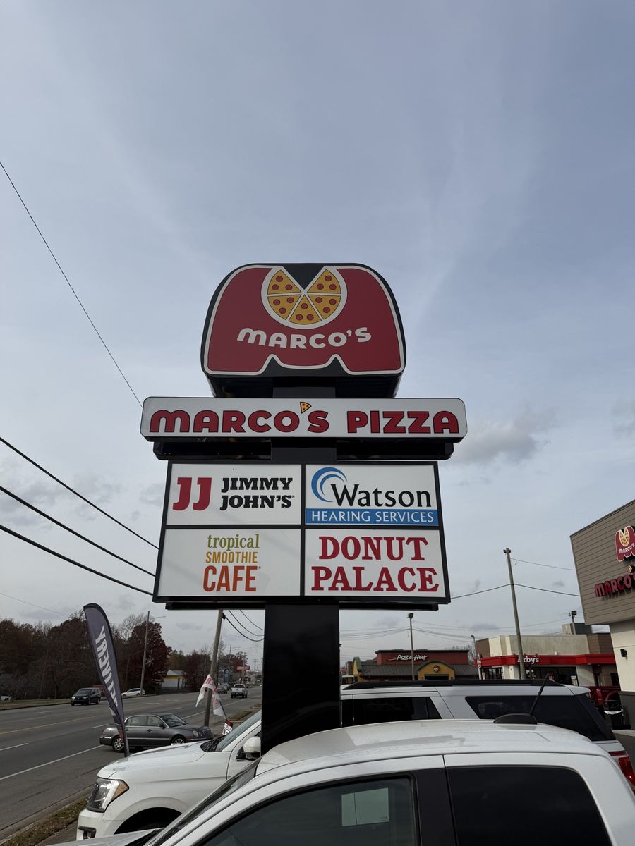 Multi-tenant pylon sign built by Cook Neon Signs